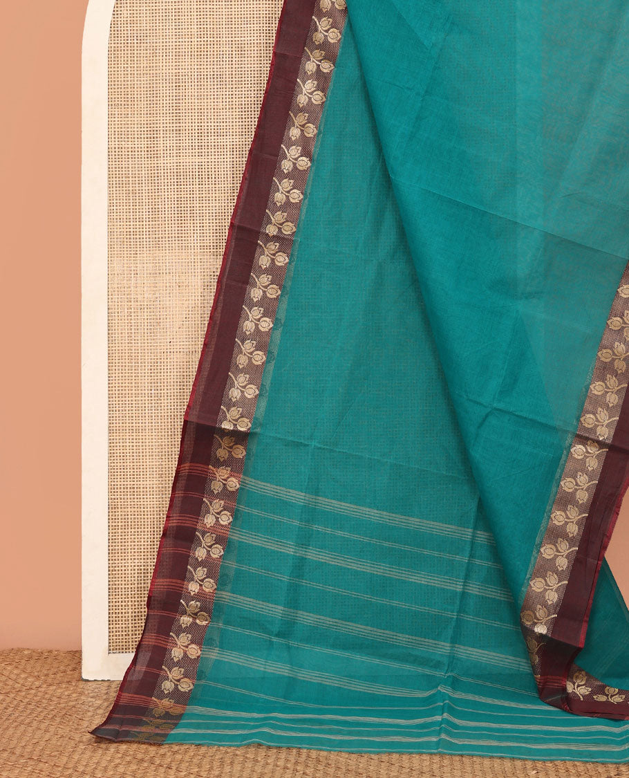 Green Plain Bengal Cotton Saree, Contrast Floral Border, Striped Pallu, and No Blouse