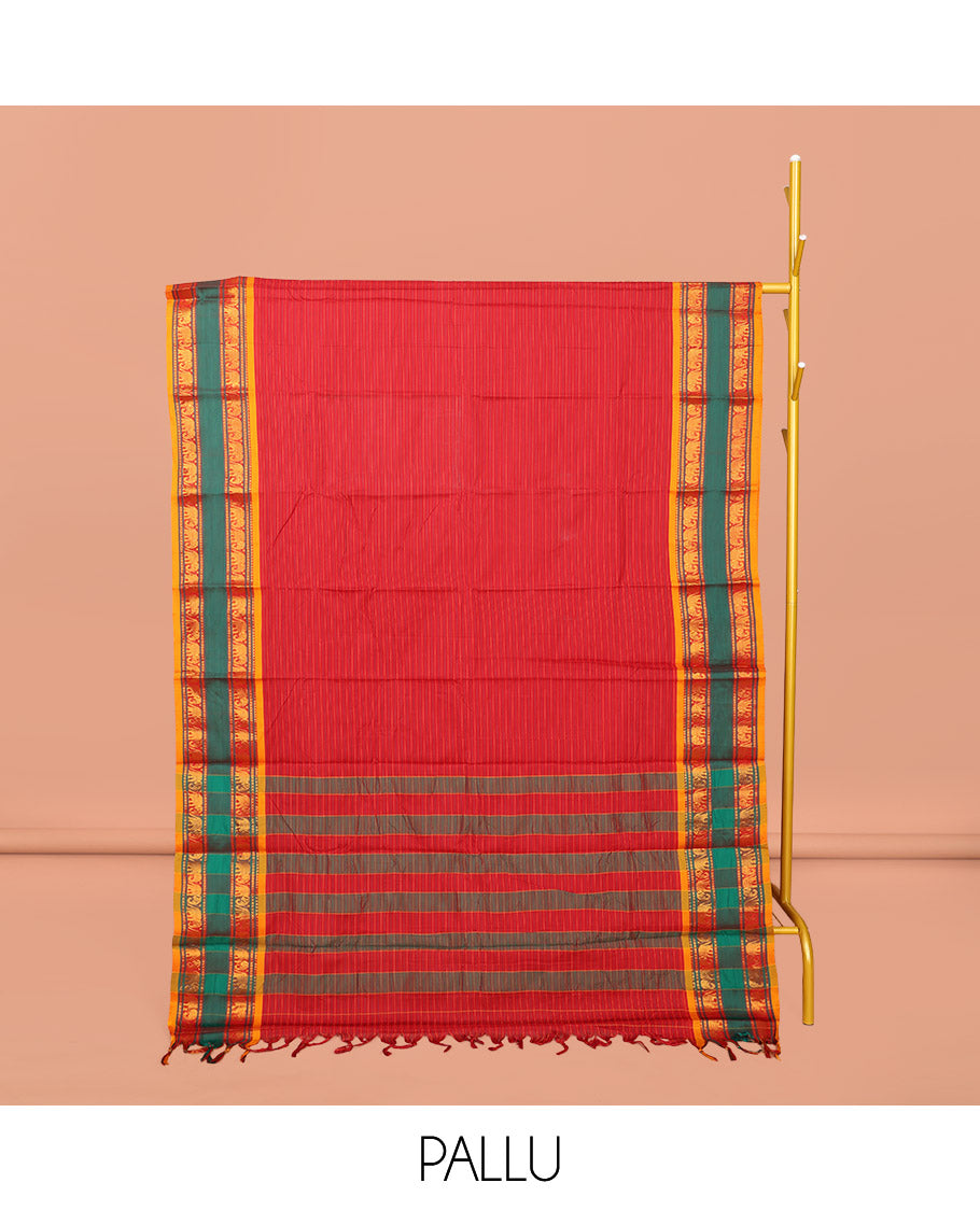 Red Striped Narayanpet Cotton Saree, Complemented by a Contrast Traditional Design Rettai Pettu Border, Striped Pallu, and Comes Without a Blouse