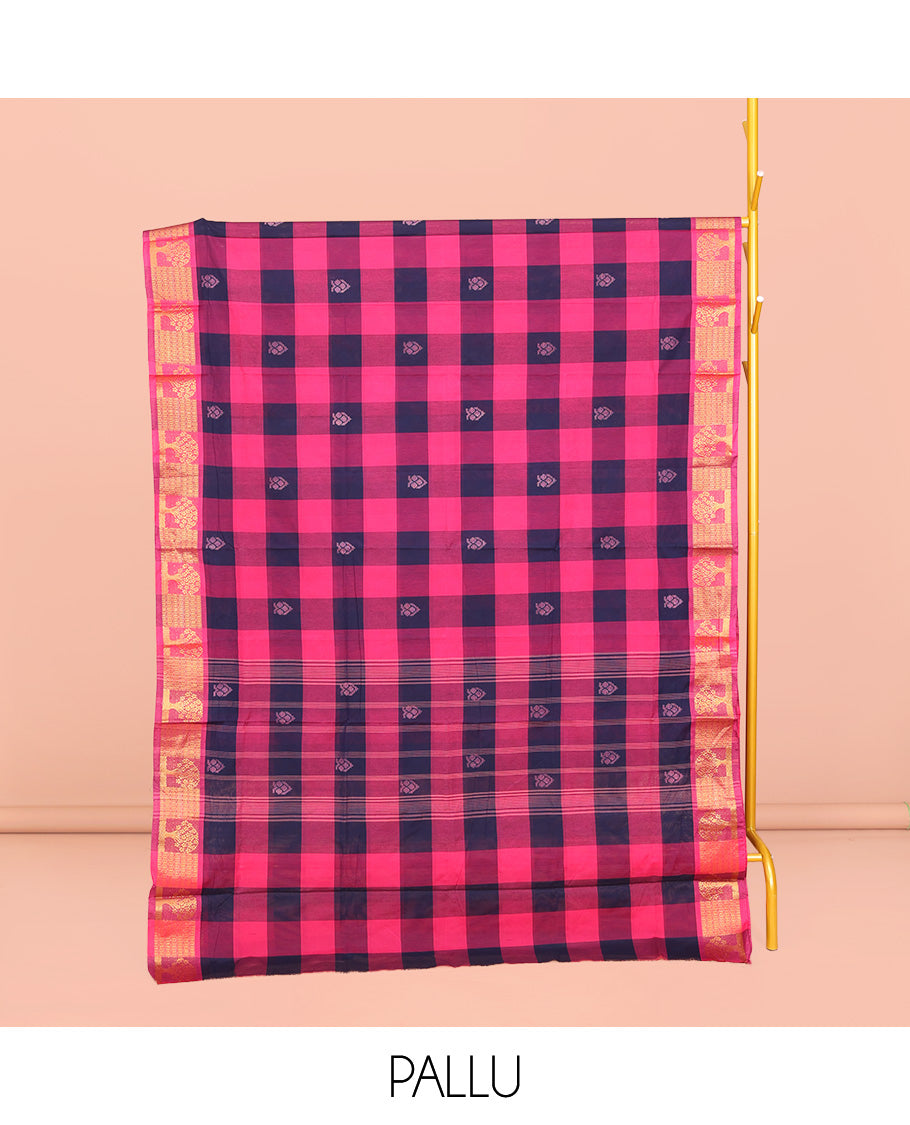 Blue-Pink Chettinad Cotton Saree, Decked Up with Buttas and Checks, Highlighted by Tree Motifs Zari Border, Pallu of Stripes and Buttas, and No Blouse