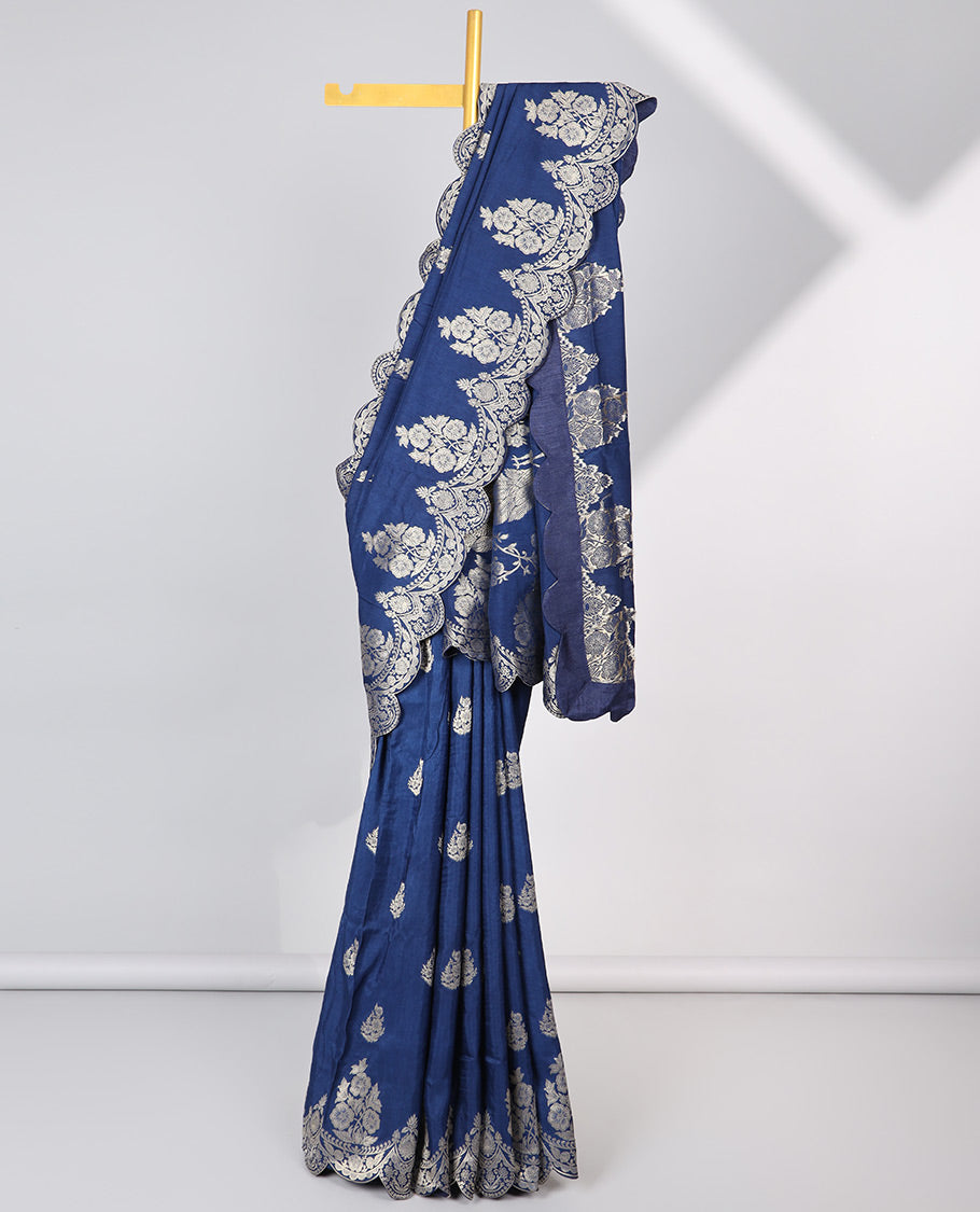 Blue floral motifs semi-banaras dola silk saree with scallop border & peacock design pallu