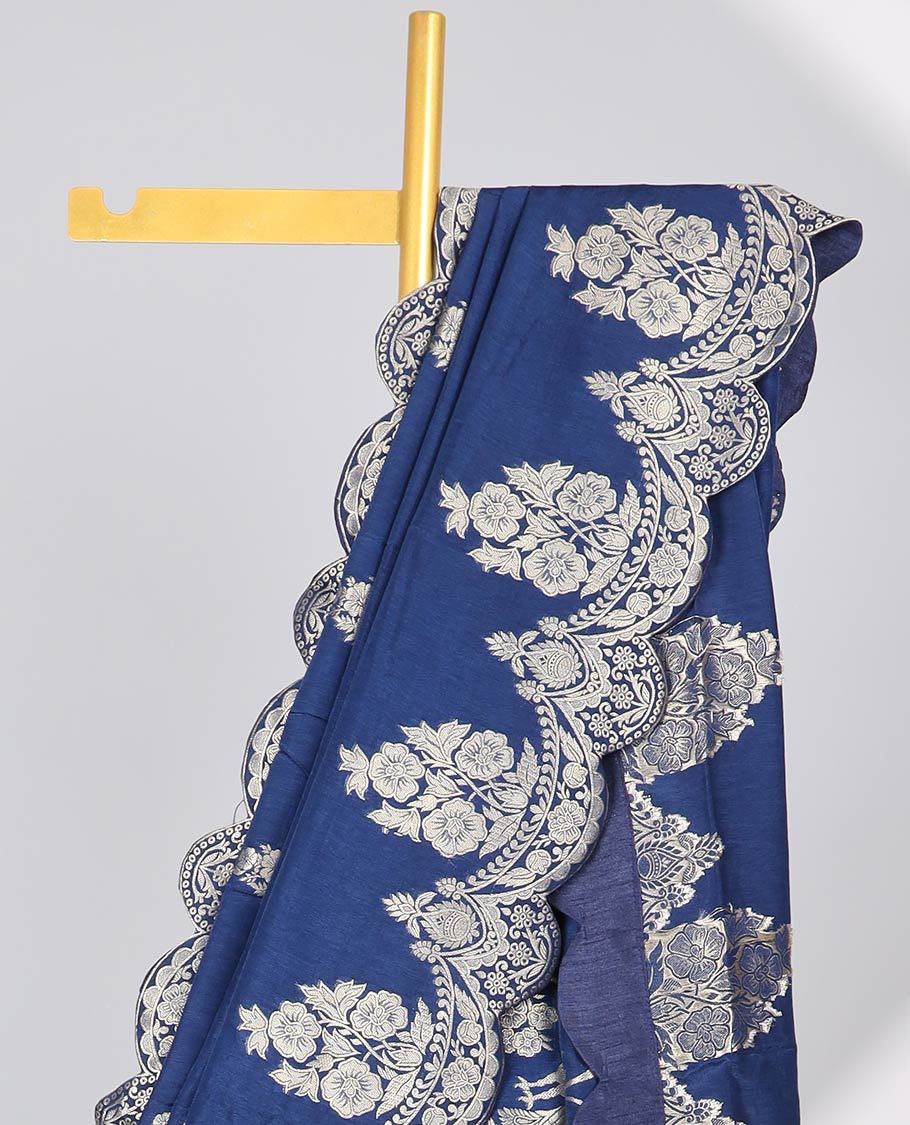 Blue floral motifs semi-banaras dola silk saree with scallop border & peacock design pallu