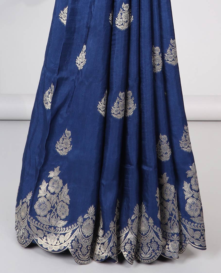 Blue floral motifs semi-banaras dola silk saree with scallop border & peacock design pallu
