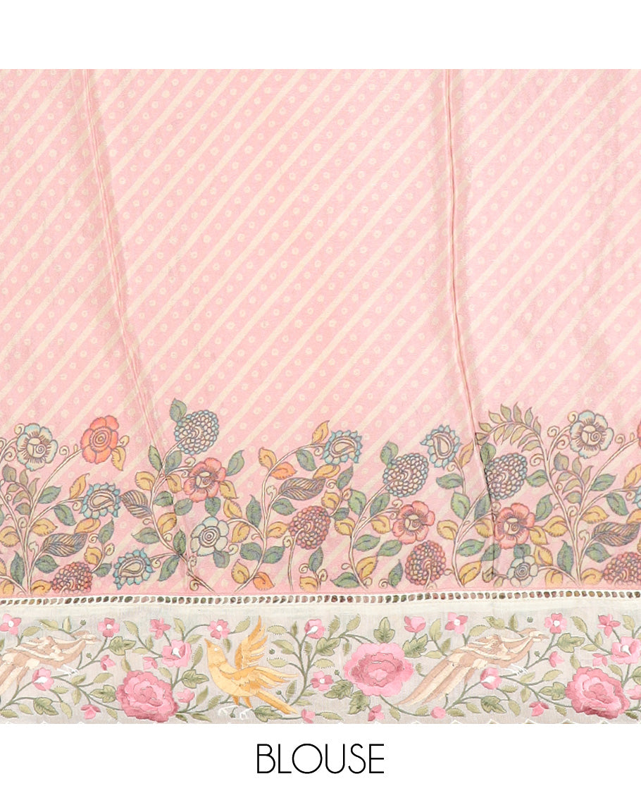 Pink buttas with bandhani and kalamkari floral-fauna printed dola silk saree, contrast floral embroidered scallop border