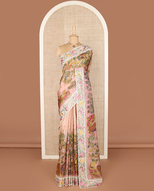 Pink buttas with bandhani and kalamkari floral-fauna printed dola silk saree, contrast floral embroidered scallop border