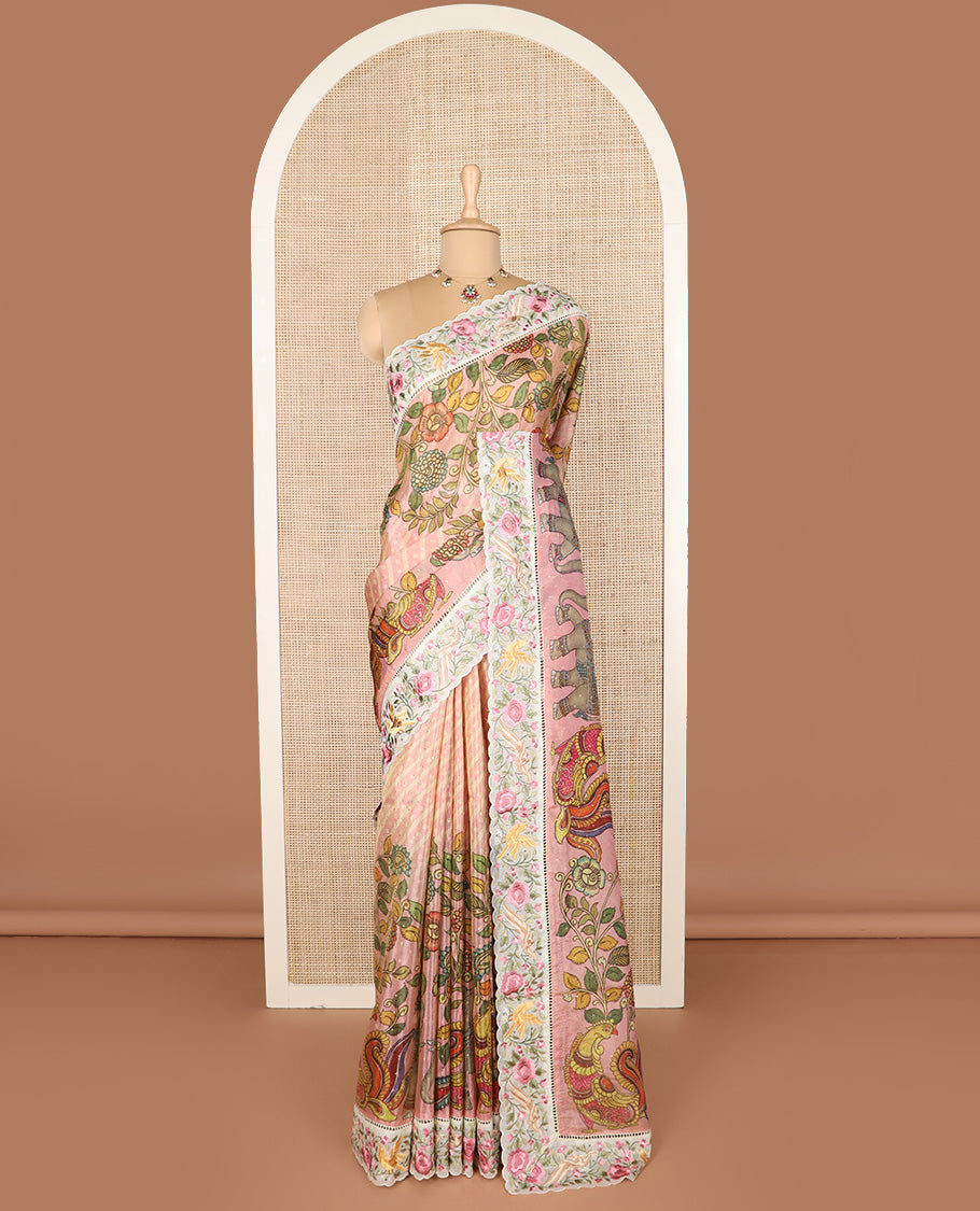Pink buttas with bandhani and kalamkari floral-fauna printed dola silk saree, contrast floral embroidered scallop border