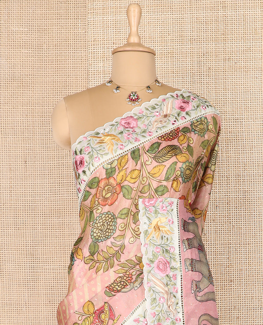 Pink buttas with bandhani and kalamkari floral-fauna printed dola silk saree, contrast floral embroidered scallop border