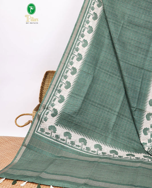 Green checked semi-banaras tussar saree with self - bullock cart border & checked pallu