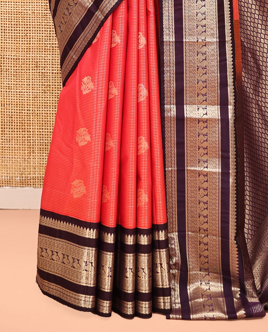 Reddish Orange and Coffee Brown Budget Silk Saree, Subtly Sparkled With Vaira Oosai Stripes and Zari Buttas ,  Complemented by Contrast Varisai Pettu Traditional Zari Border of Peacock Designs, Grand Jaal Pallu and Paired with a Contrast Blouse