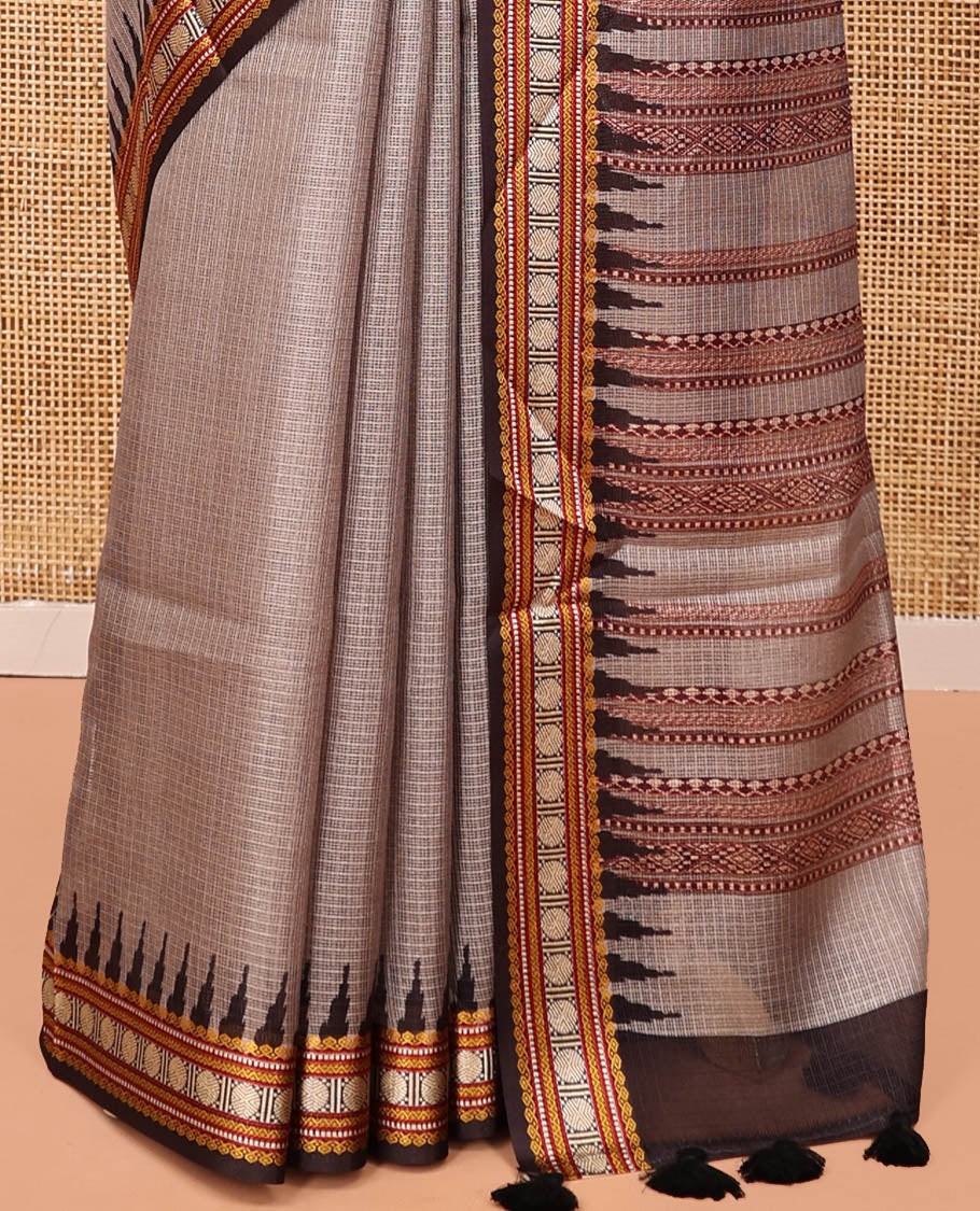 Grey Kota Saree, Contrast Temple Thread Traditional Border, and a Contrast Blouse