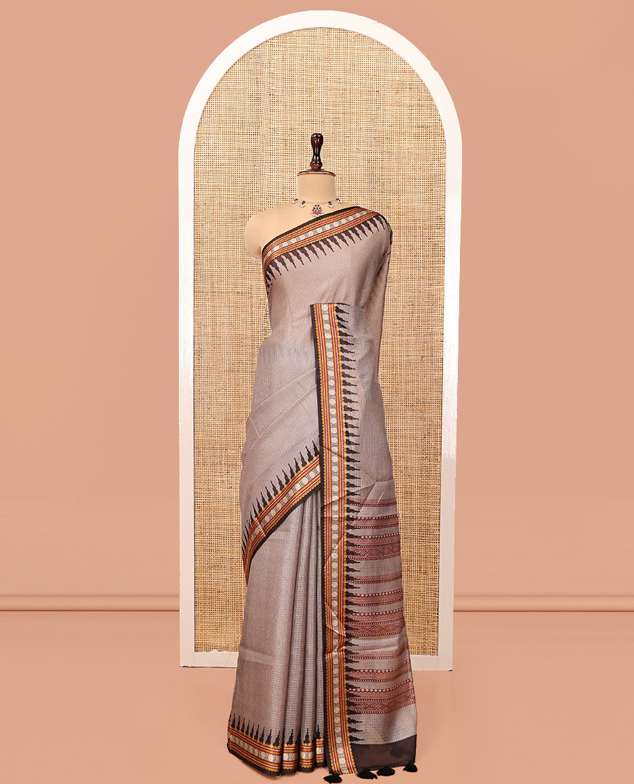 Grey Kota Saree, Contrast Temple Thread Traditional Border, and a Contrast Blouse