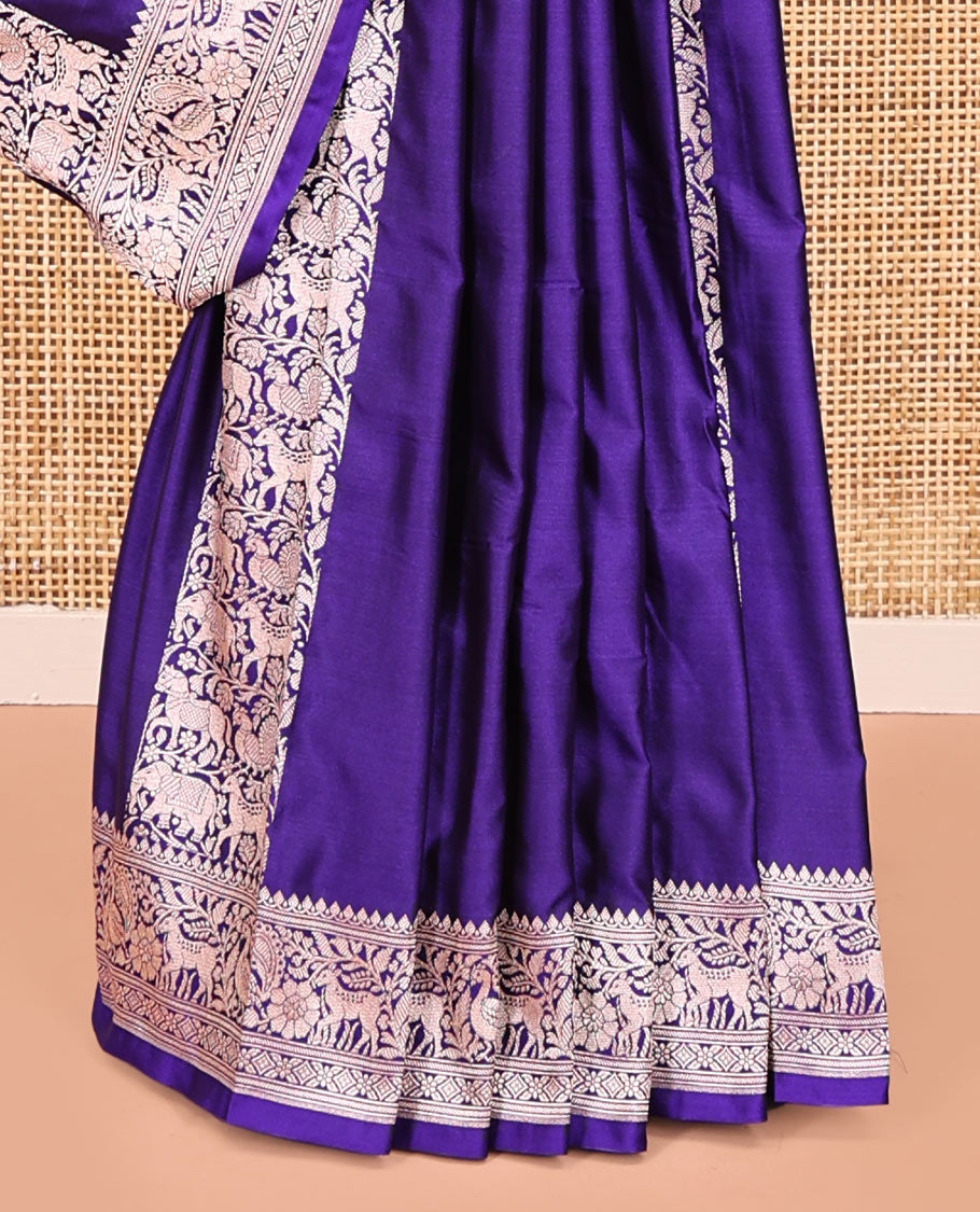 Blue Mushuru Silk Saree, Elegantly Decked Up with Vertically Woven Flora-Fauna Zari Designs On Its Body, Highlighted by Zari Border of Peacock and Deer Motifs, Grand Pallu, and Paired with a Plain Blouse