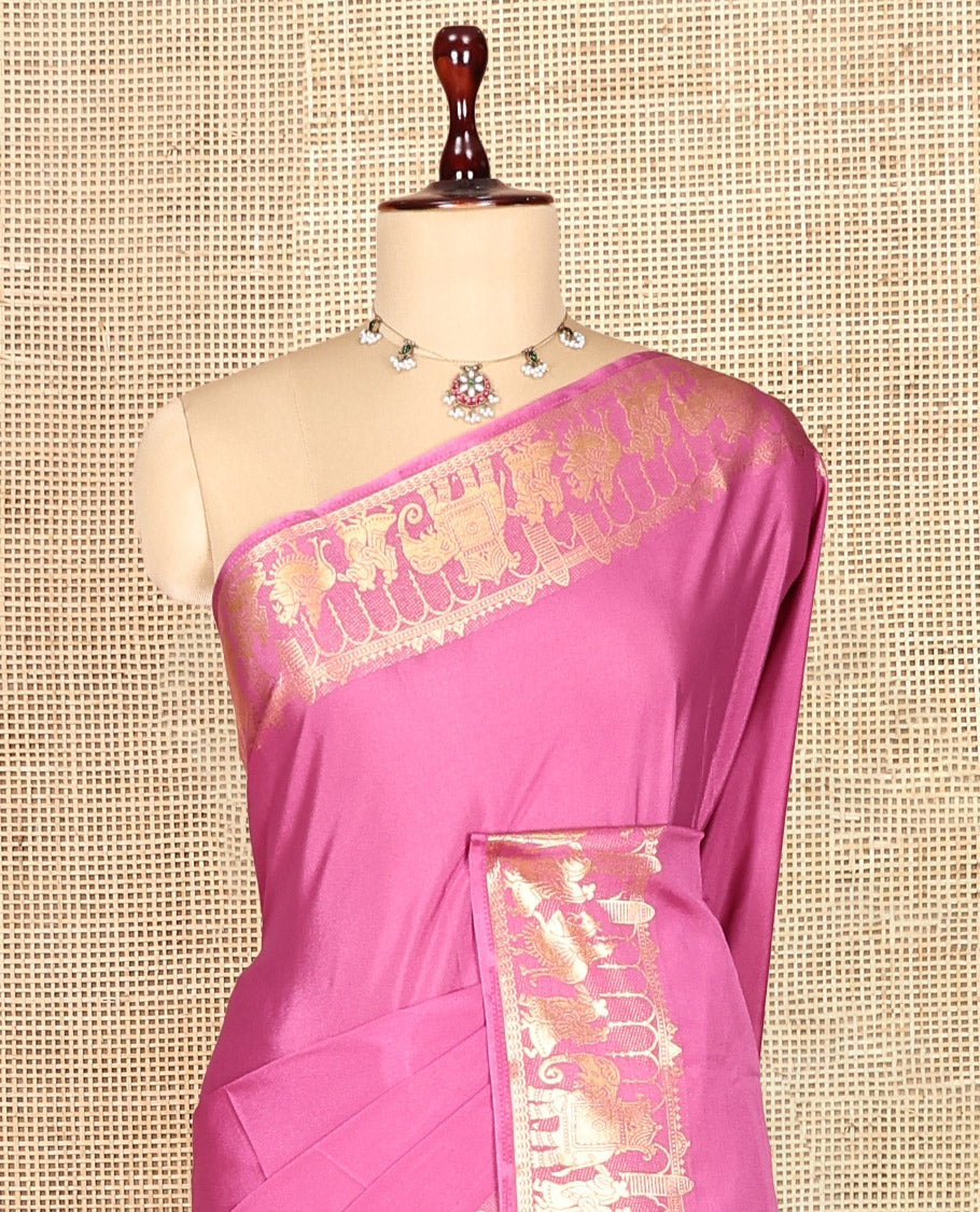 Onion Pink Plain Semi-Mysore Saree, Zari Wedding-Themed Border, Zari Striped Pallu, Matching Blouse