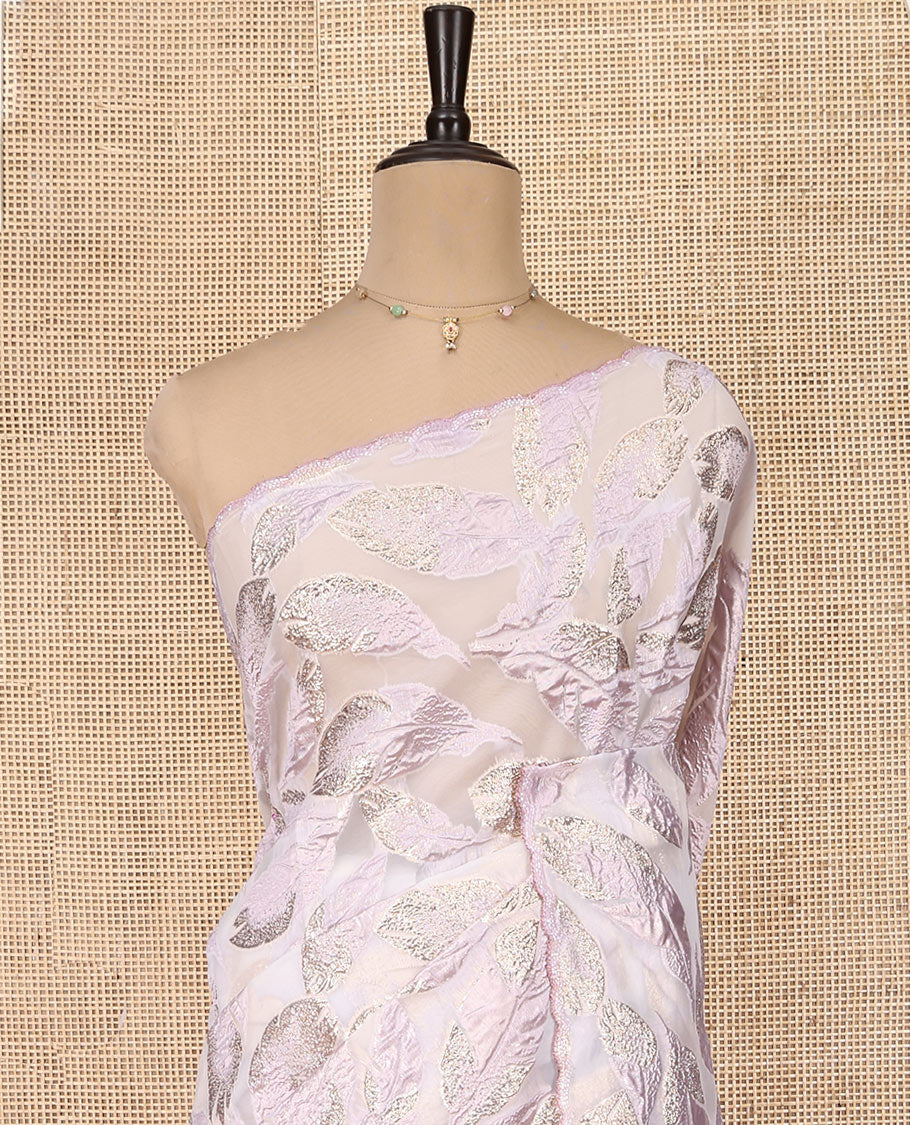 Lavender Turkey Organza Saree Features Leaf Glitterwork, Scallop Beadwork Border, Sequins Embroidered Blouse