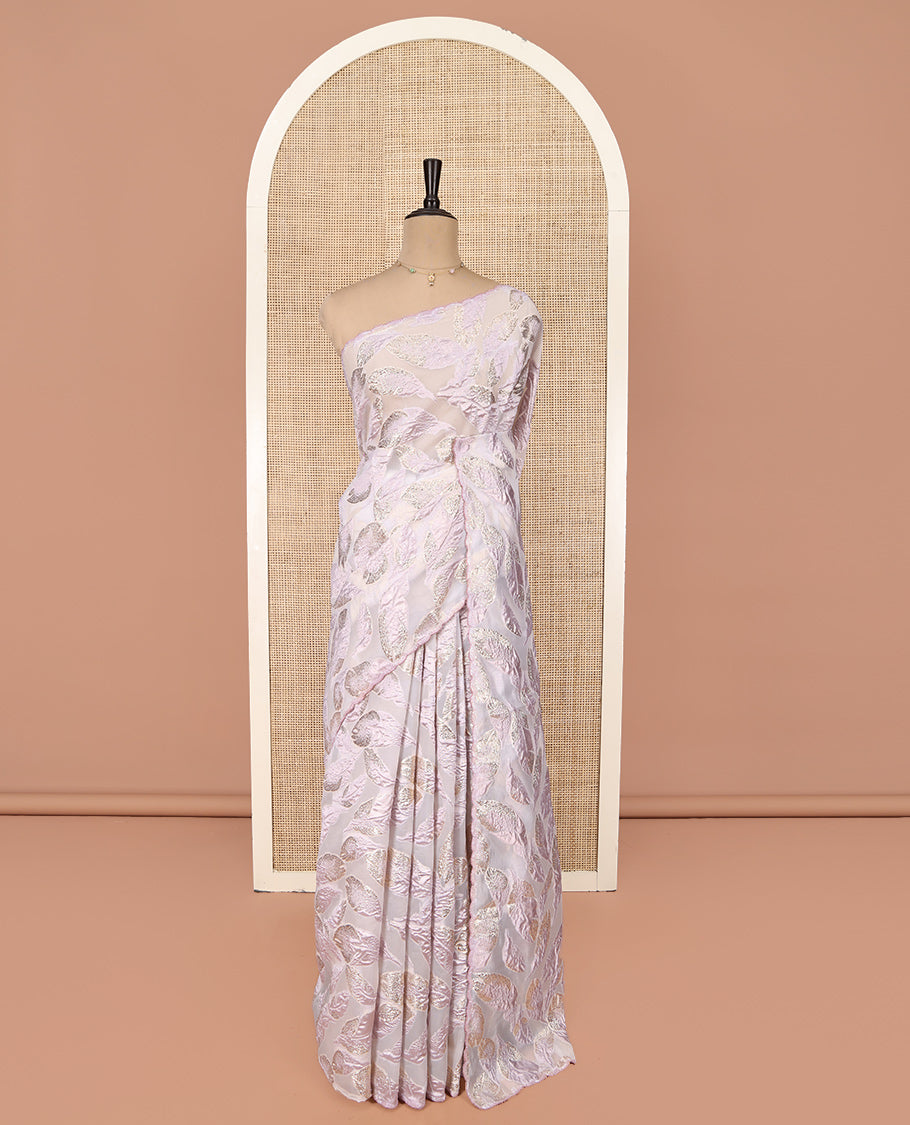 Lavender Turkey Organza Saree Features Leaf Glitterwork, Scallop Beadwork Border, Sequins Embroidered Blouse