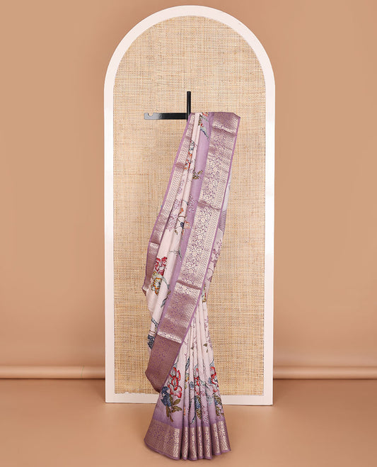 Pale purple floral printed with sequin embroidered dola silk saree, contrast floral zari border & zari striped pallu