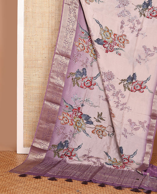 Pale purple floral printed with sequin embroidered dola silk saree, contrast floral zari border & zari striped pallu