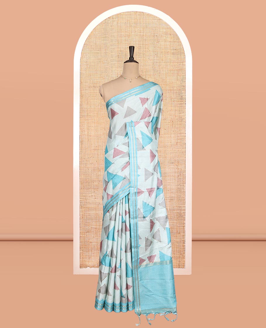 Sky Blue Fancy Tussar Silk Saree Features Triangle Motifs, Zari Border, Striped Pallu, Matching Blouse