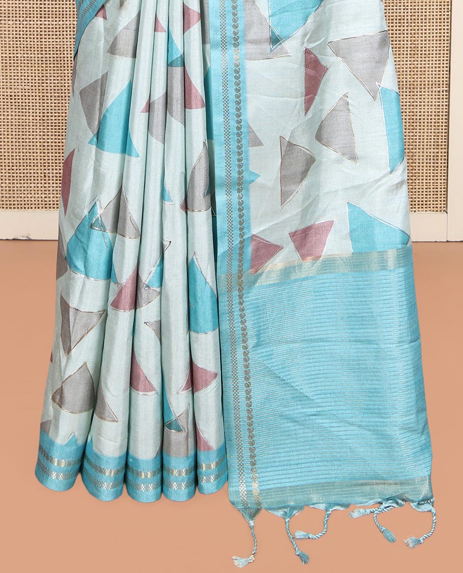 Sky Blue Fancy Tussar Silk Saree Features Triangle Motifs, Zari Border, Striped Pallu, Matching Blouse