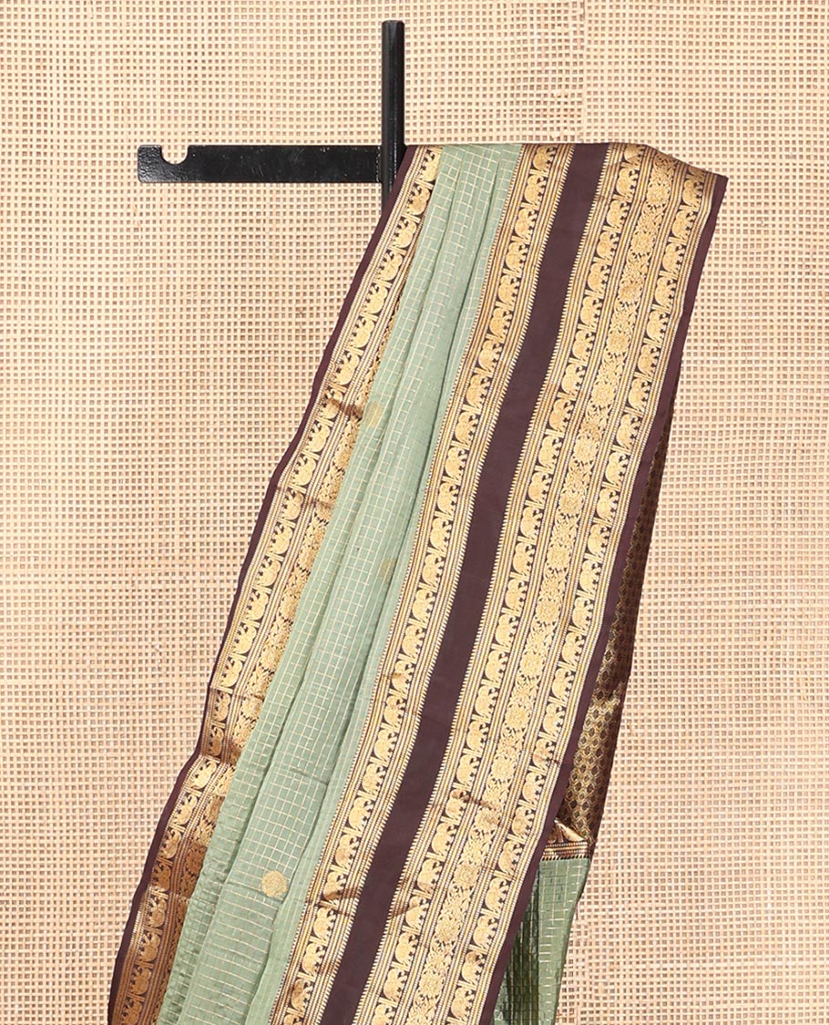 Elaichi Checked Vasundhara Lite Silk Mix Saree, Contrast Elephant Border, Jaal Pallu, and Contrast Blouse