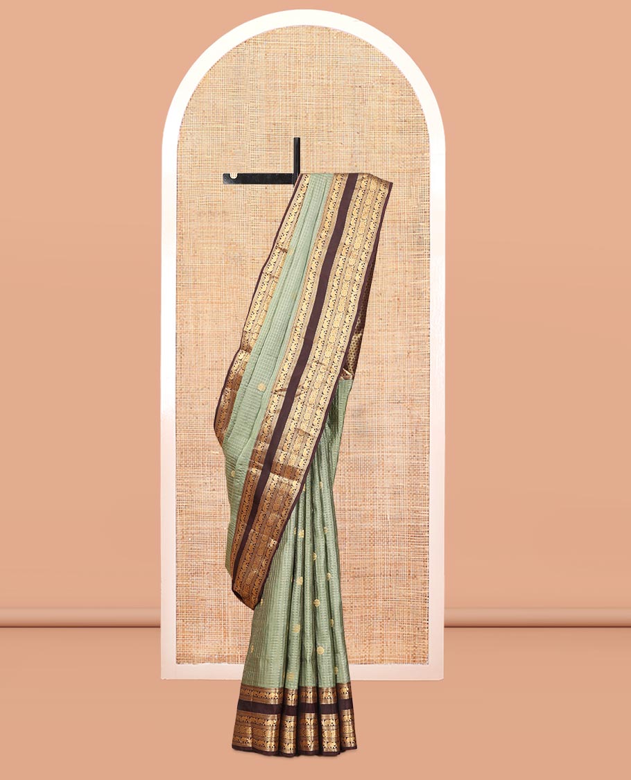 Elaichi Checked Vasundhara Lite Silk Mix Saree, Contrast Elephant Border, Jaal Pallu, and Contrast Blouse