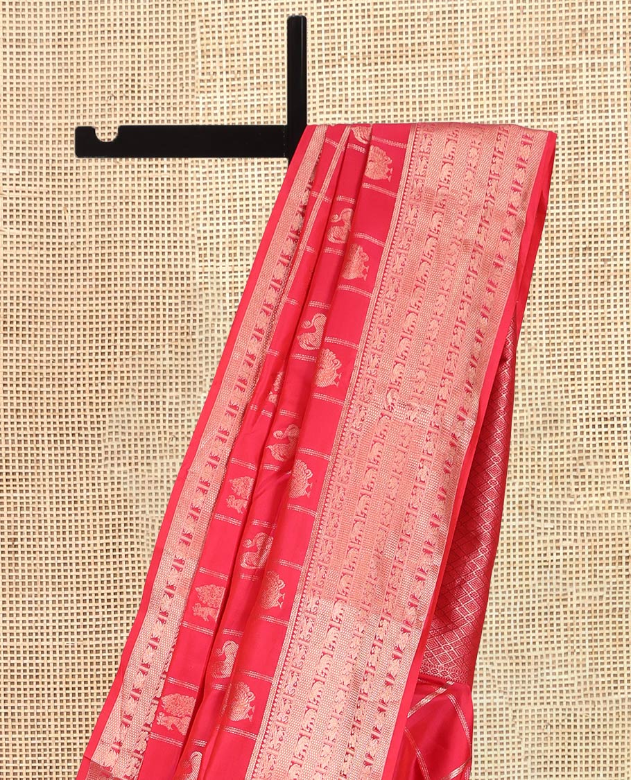 Dark Pink Butta Enclosed Checked Vasundhara Silk Saree, Zari Yaali-Iruthalai Pakshi-Yaanai Border, a Matching Blouse