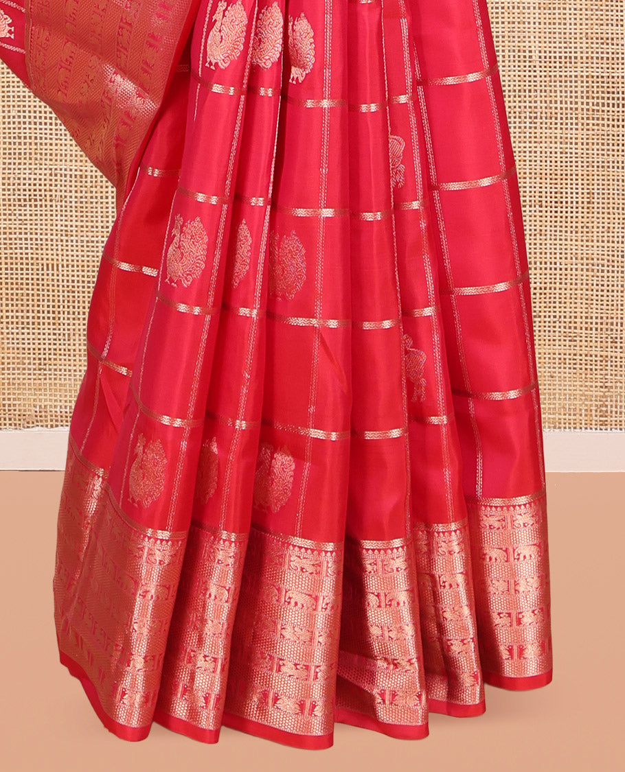 Dark Pink Butta Enclosed Checked Vasundhara Silk Saree, Zari Yaali-Iruthalai Pakshi-Yaanai Border, a Matching Blouse