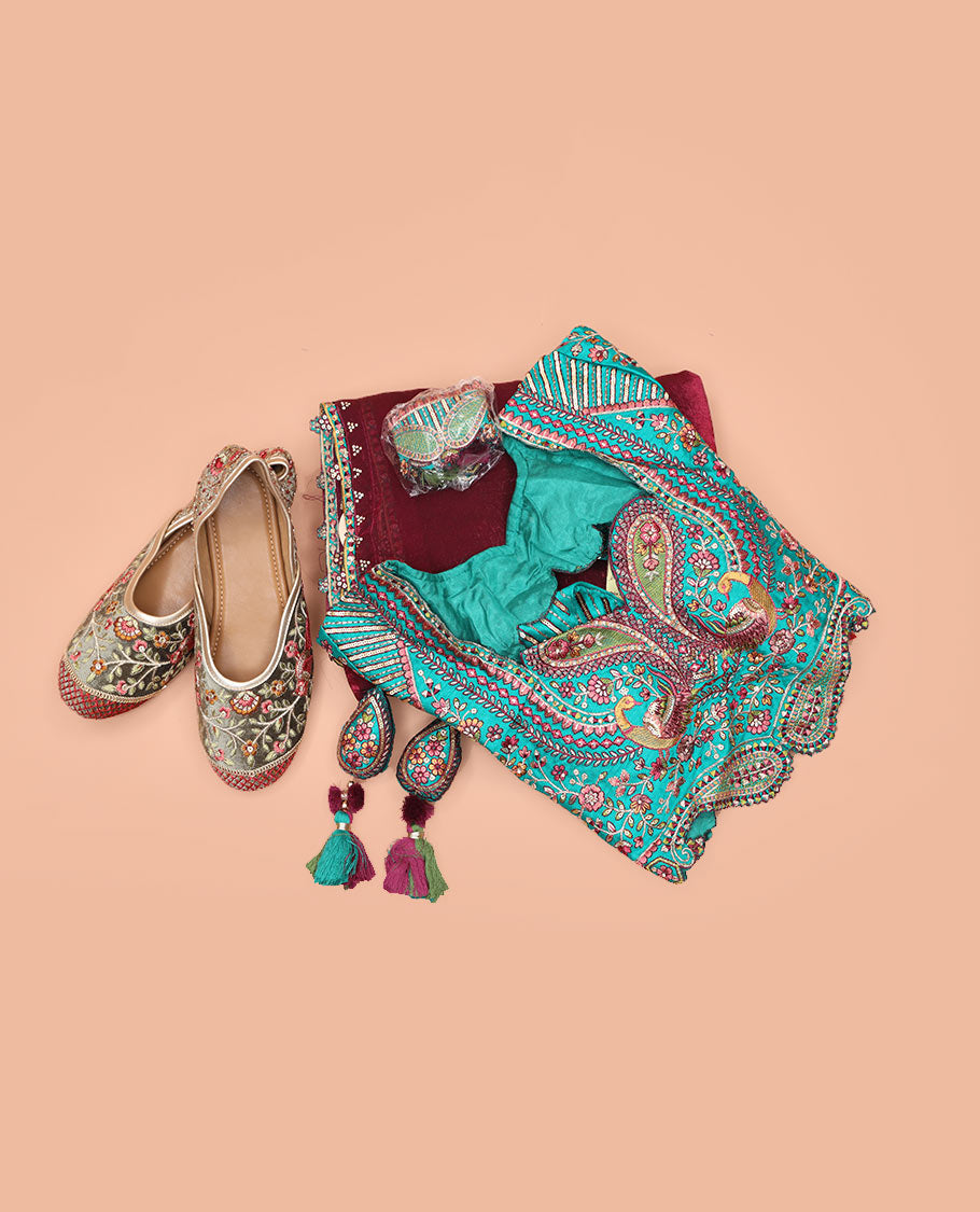 Purple Plain Designer Saree with Temple Lace Border, a Readymade Blouse, a Contrast Embroidered Belt, and a Pair of Free Embroidered Punjabi Shoes