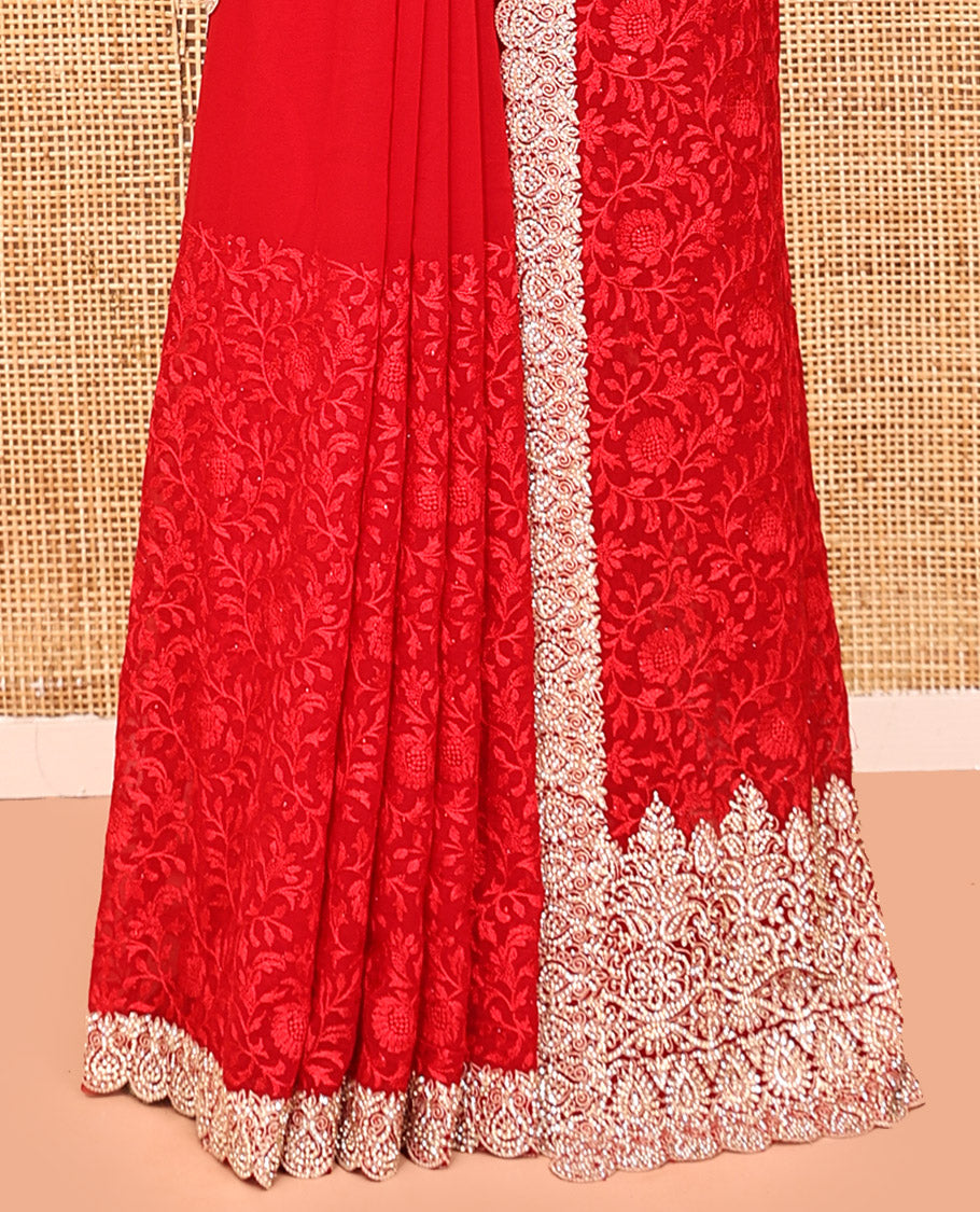 Red Designer Saree, Enriched with with Floral Jaal Embroidery Embossed, a Scallop Embroidered Border, and a Matching Blouse