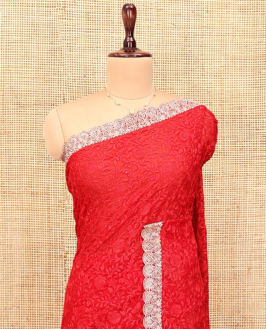 Red Designer Saree, Enriched with with Floral Jaal Embroidery Embossed, a Scallop Embroidered Border, and a Matching Blouse