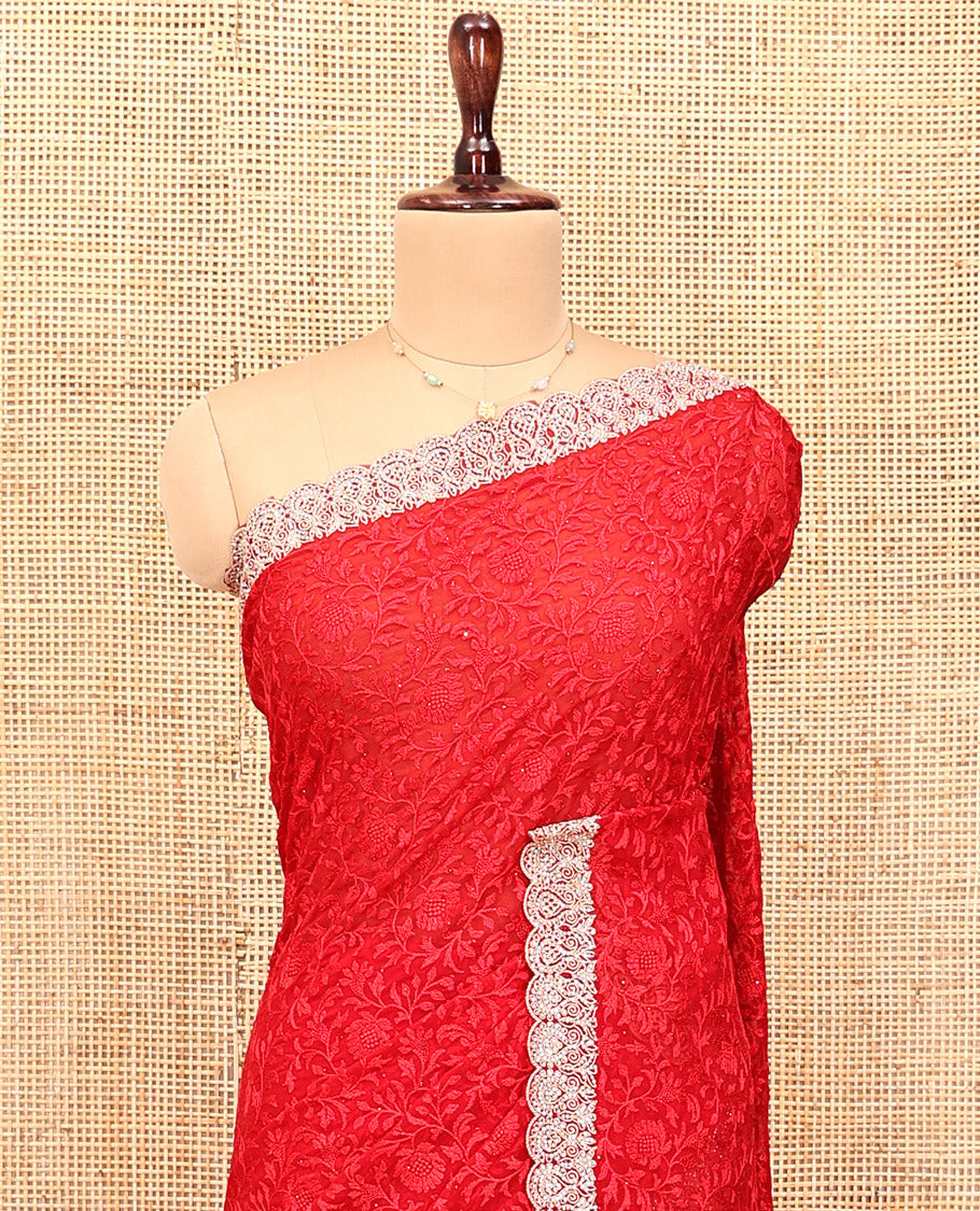 Red Designer Saree, Enriched with with Floral Jaal Embroidery Embossed, a Scallop Embroidered Border, and a Matching Blouse