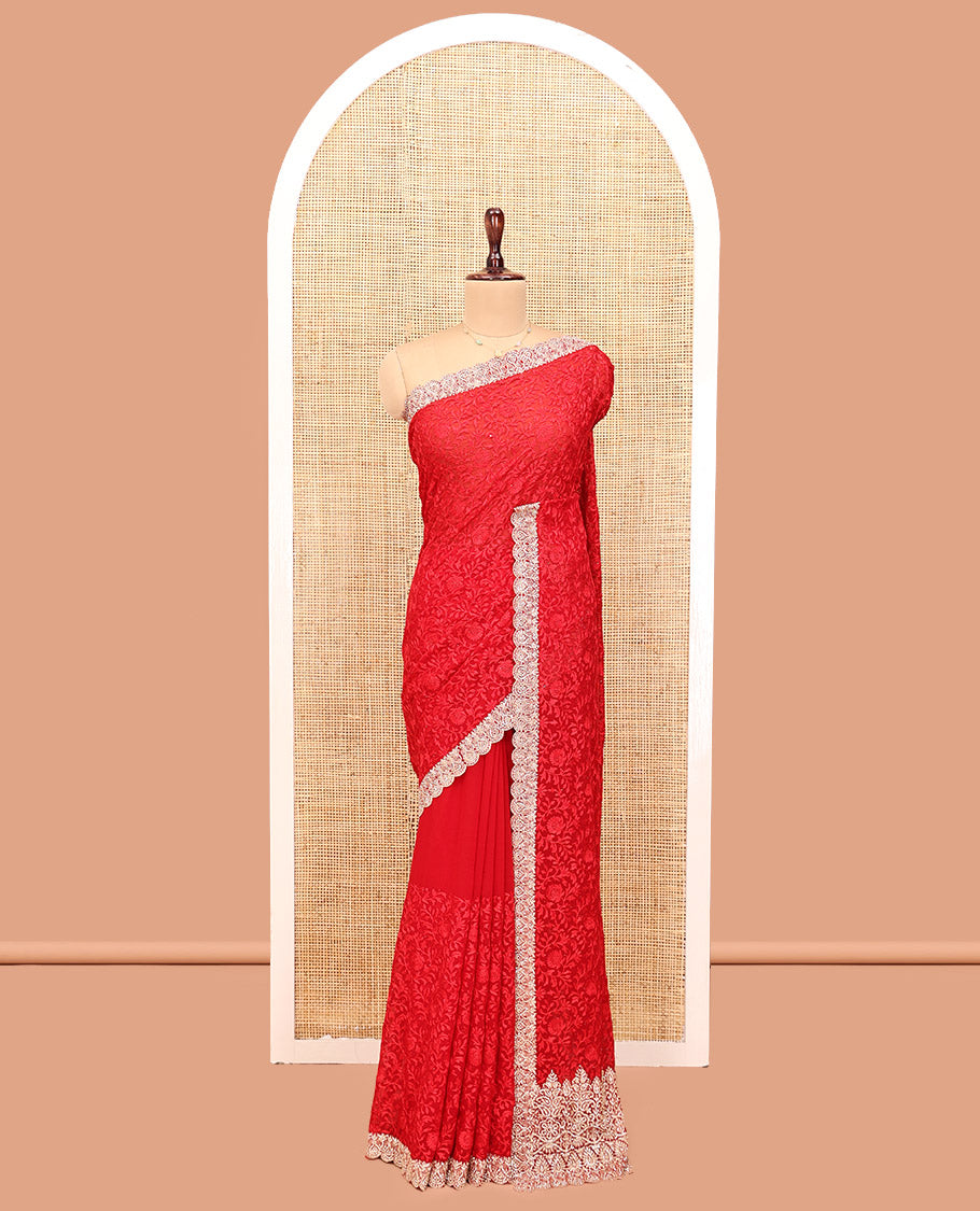 Red Designer Saree, Enriched with with Floral Jaal Embroidery Embossed, a Scallop Embroidered Border, and a Matching Blouse