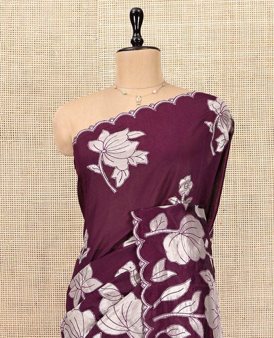 Purple Designer Saree, Beautifully Bedecked with Floral Embroidery, Scallop Border, and Matching Blouse