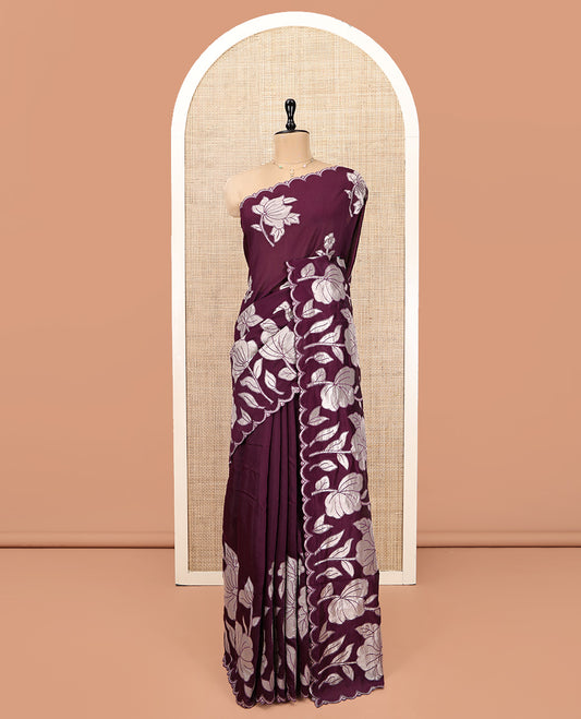 Purple Designer Saree, Beautifully Bedecked with Floral Embroidery, Scallop Border, and Matching Blouse