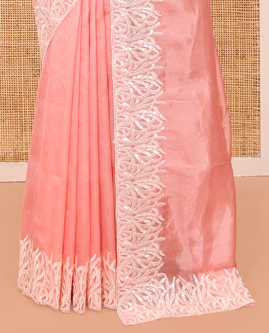 Pink Organza Saree, Mesmerized with Floral Thread Buttas, Scallop Floral Embroidery Border, and Matching Blouse