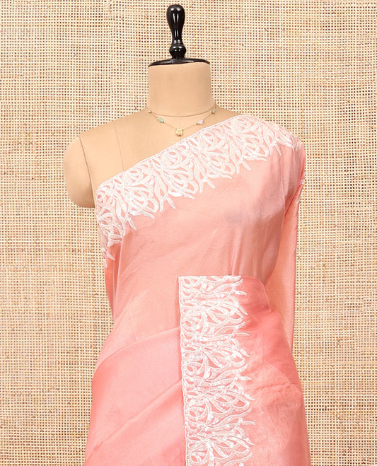 Pink Organza Saree, Mesmerized with Floral Thread Buttas, Scallop Floral Embroidery Border, and Matching Blouse