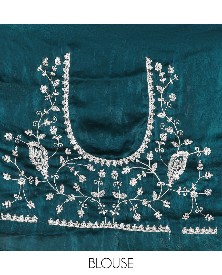 Teal blue floral vine embroidered designer organza saree, embroidered scallop border