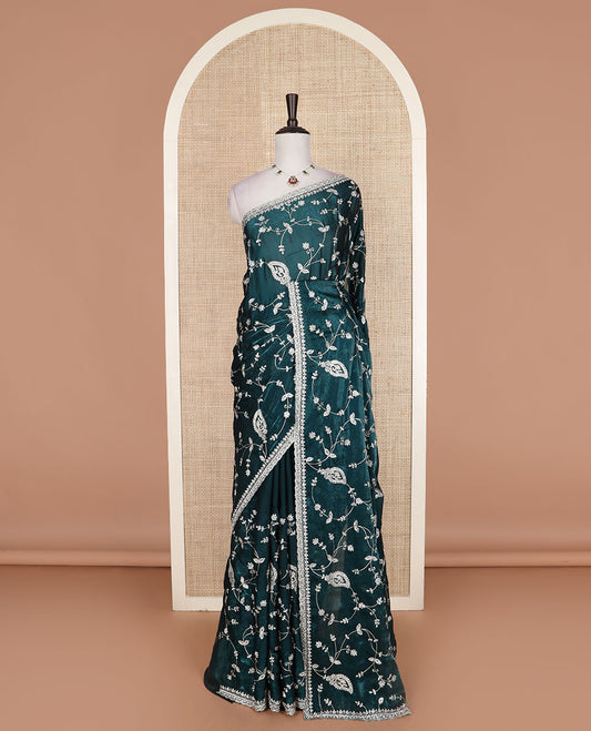 Teal blue floral vine embroidered designer organza saree, embroidered scallop border