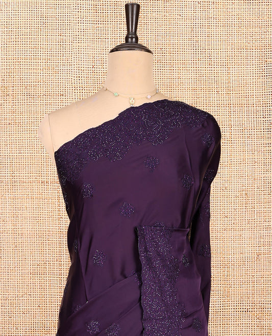 Dark Purple Designer Saree, Finely Crafted with Floral Stone Patchwork, a Scallop Stonework Border, and a Matching Blouse