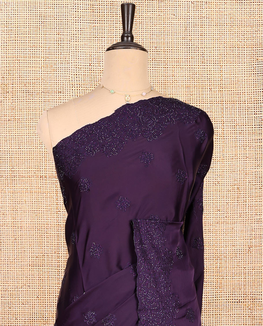 Dark Purple Designer Saree, Finely Crafted with Floral Stone Patchwork, a Scallop Stonework Border, and a Matching Blouse