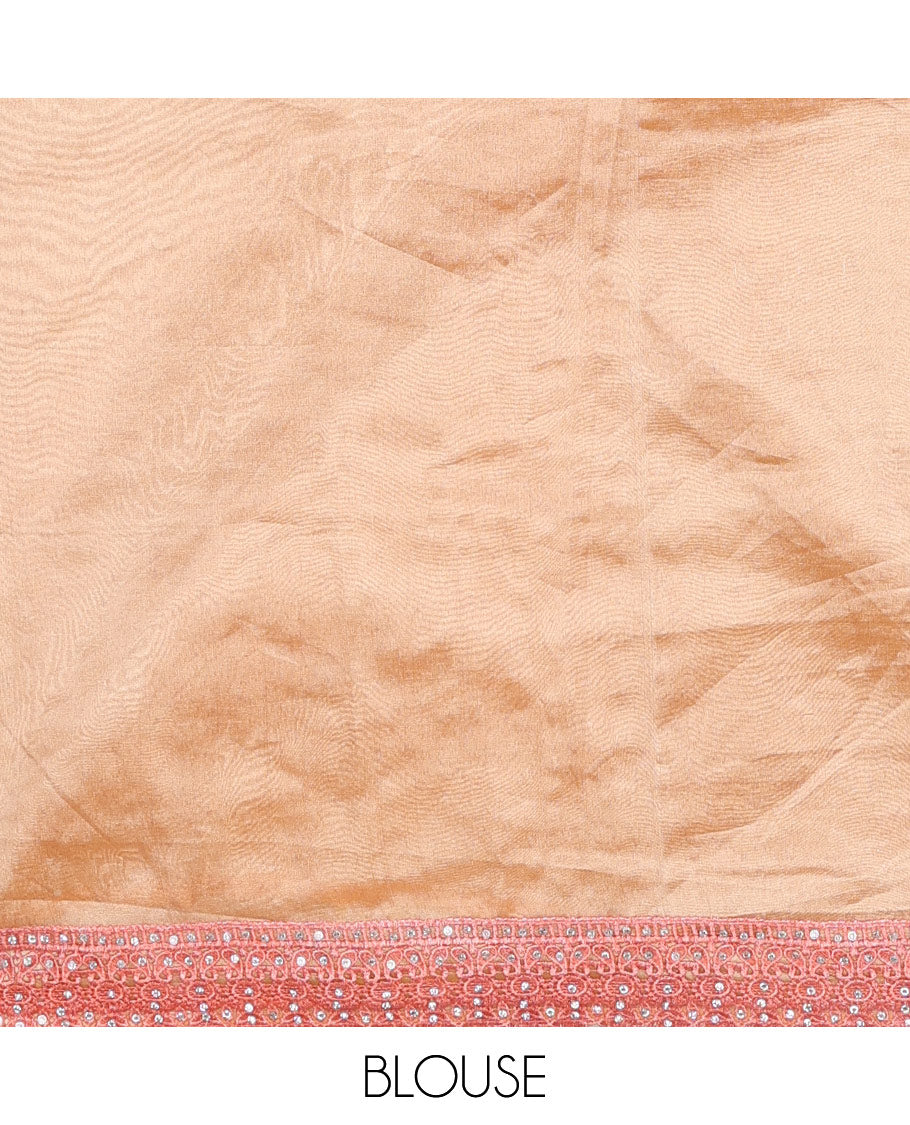 Orange stone embedded crushed tissue designer saree, scallop thread and stone embroidered border