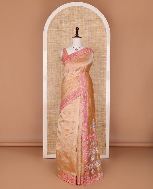 Orange stone embedded crushed tissue designer saree, scallop thread and stone embroidered border