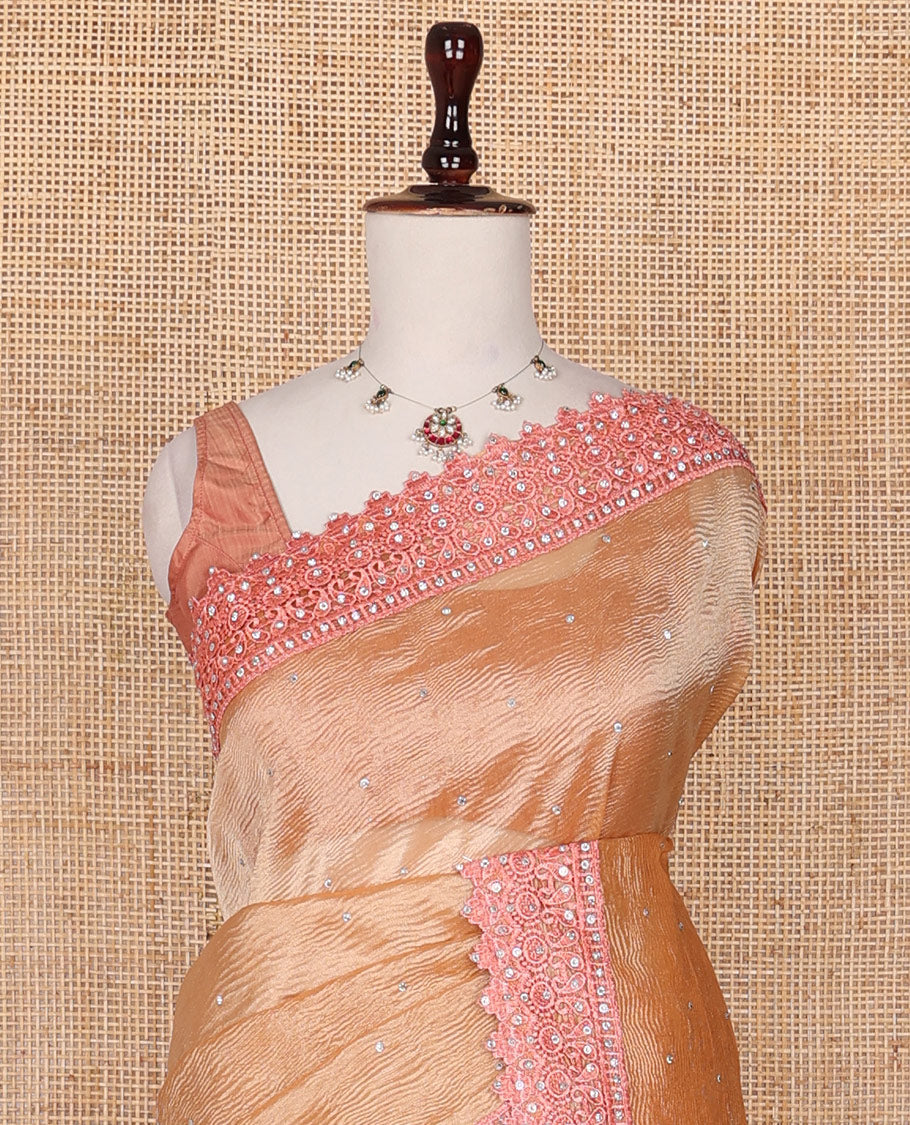 Orange stone embedded crushed tissue designer saree, scallop thread and stone embroidered border