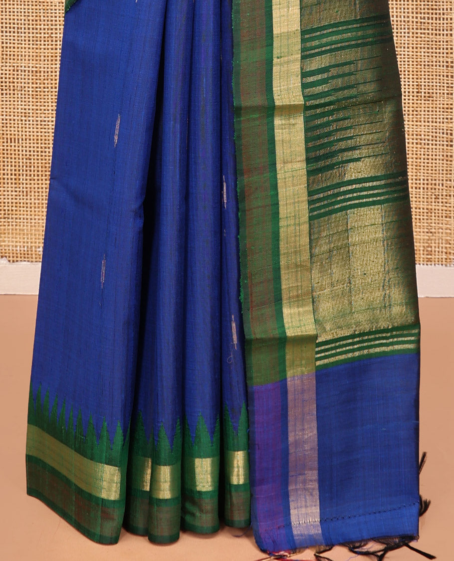 Blue Dupion Silk Saree, Embellished with Buttas, Complemented by Contrast Temple Border, Pallu of Temple Designs, and a Contrast Blouse