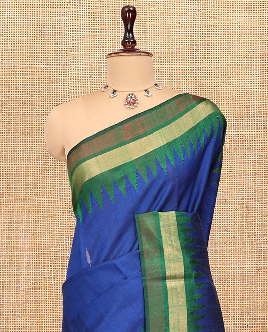 Blue Dupion Silk Saree, Embellished with Buttas, Complemented by Contrast Temple Border, Pallu of Temple Designs, and a Contrast Blouse