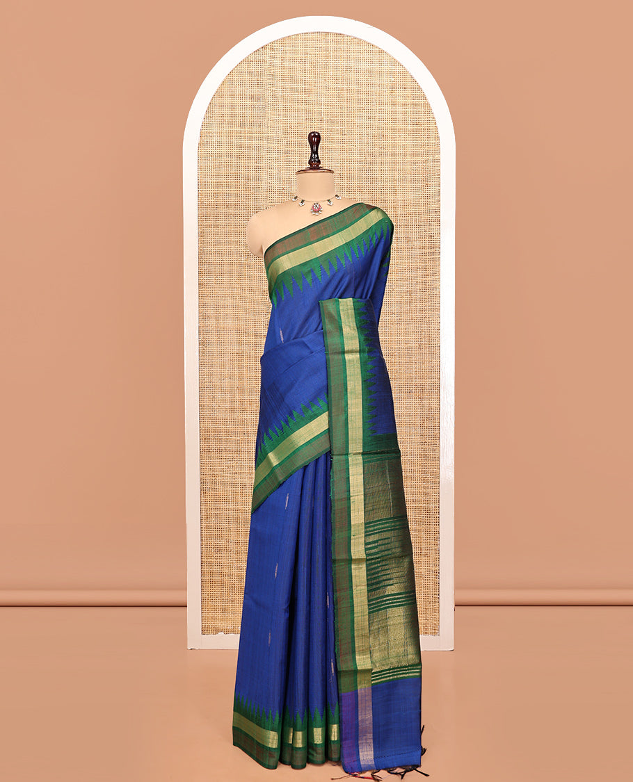 Blue Dupion Silk Saree, Embellished with Buttas, Complemented by Contrast Temple Border, Pallu of Temple Designs, and a Contrast Blouse
