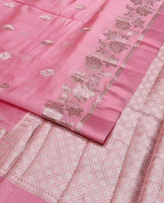 Pink floral motifs raw mango silk saree with self zari design & floral design pallu