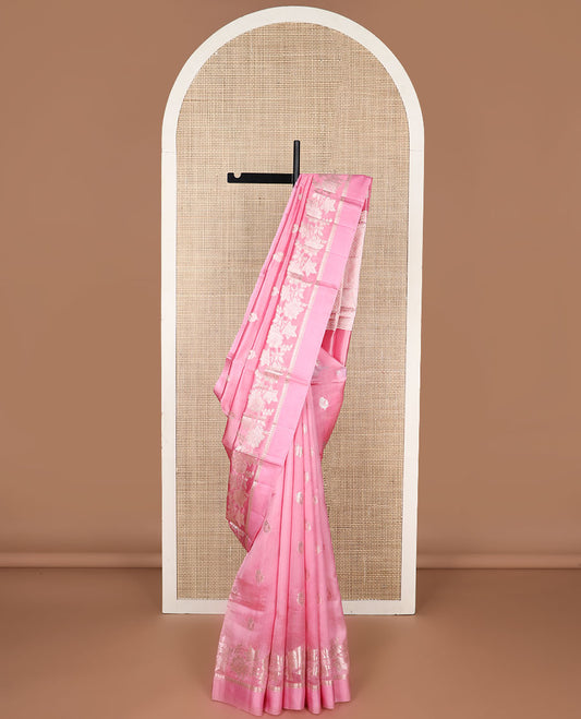 Pink floral motifs raw mango silk saree with self zari design & floral design pallu