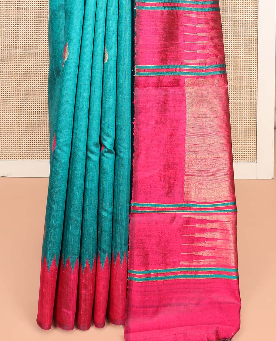 Green Dupion Silk Saree Adorned with Bud Buttas All Over Its Body, Complemented by a Contrast Temple Border, Pallu Depicting Traditional Designs, and Paired with a Contrast Blouse