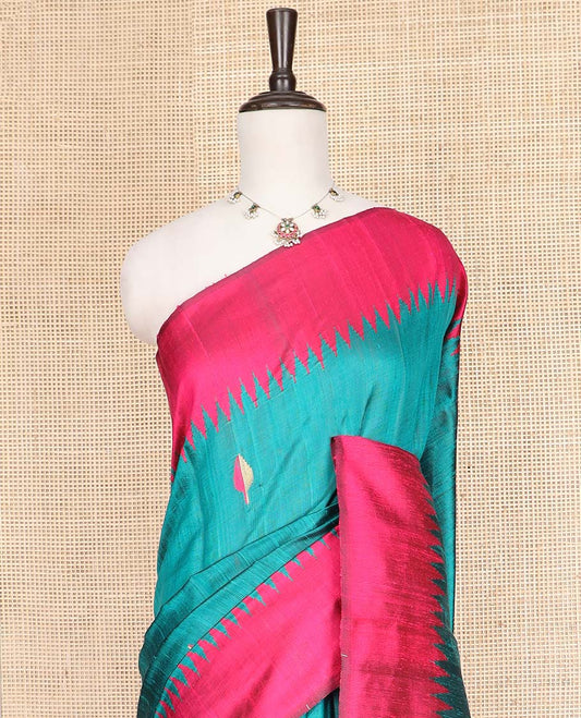 Green Dupion Silk Saree Adorned with Bud Buttas All Over Its Body, Complemented by a Contrast Temple Border, Pallu Depicting Traditional Designs, and Paired with a Contrast Blouse