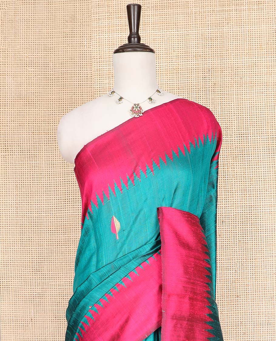 Green Dupion Silk Saree Adorned with Bud Buttas All Over Its Body, Complemented by a Contrast Temple Border, Pallu Depicting Traditional Designs, and Paired with a Contrast Blouse